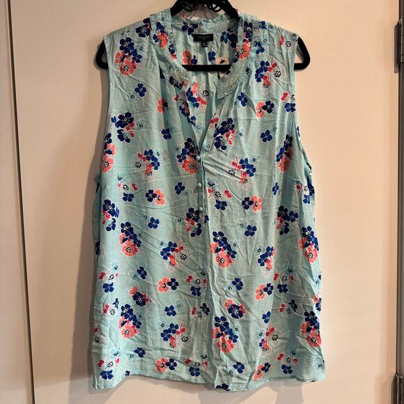 New Talbots Top Blue Round Neck Half Button Ruffle Floral Sleeveless Sz 2X - Picture 1 of 6